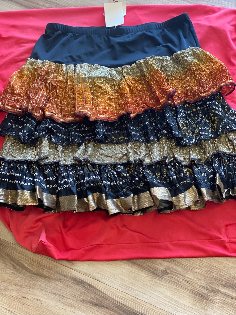 Tiered Ruffle Skirt with Metallic Detail - Orange, Navy, Gold